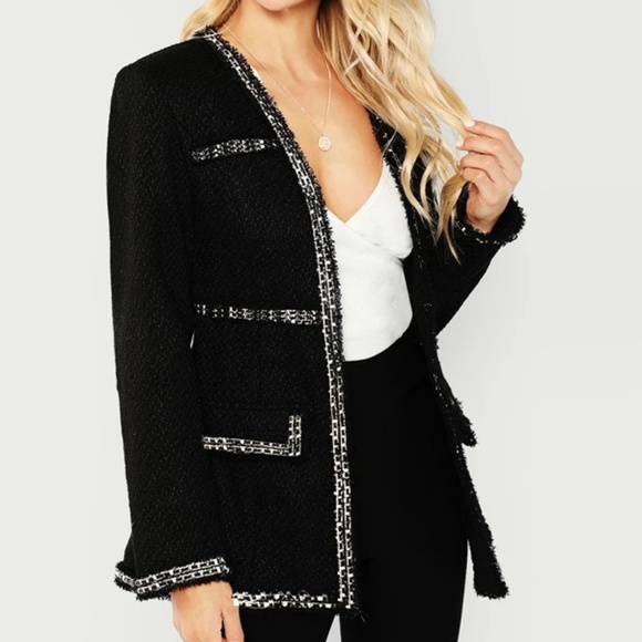 Fringe Trim Open Front Tweed Jacket - Picture 2 of 6